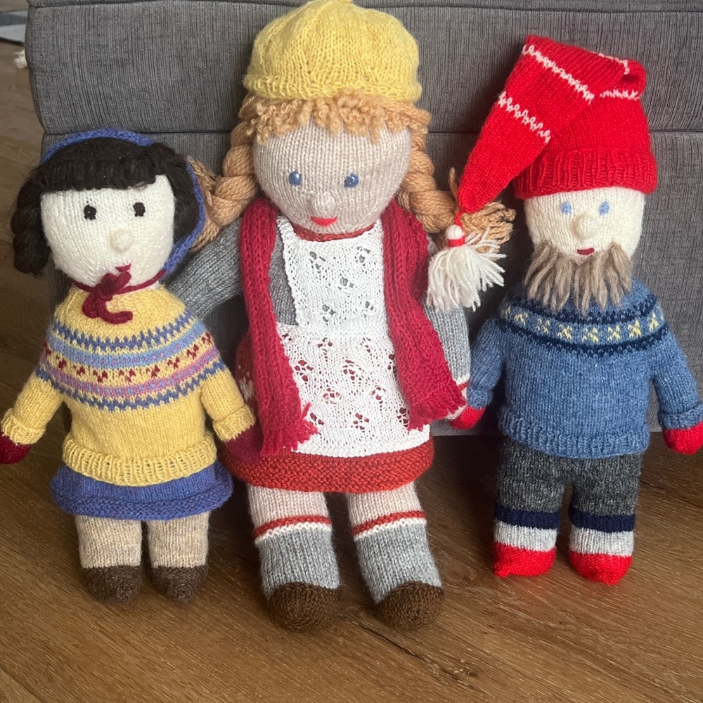 Vintage Handmade Knitted Dolls Set of 3 Scandinavian Folk Art Nordic Style Plush
